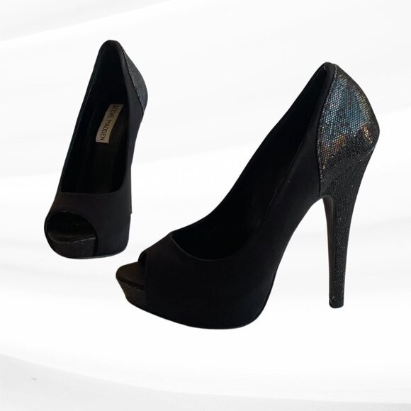 Steve Madden Black Glitter Peep Toe Platform Pumps, Size 7M - Picture 1 of 10